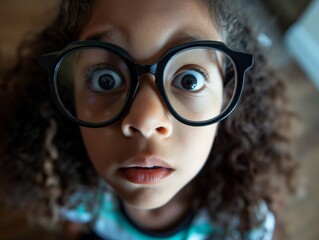 Close-up of a child with curly hair wearing large glasses, expressing surprise and curiosity.
