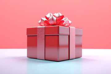 Red gift box with red ribbon bow on white and red background. Rendered 3d with reflections. Valentine's Day, Happy New Year, Merry Christmas. Shopping Sale.