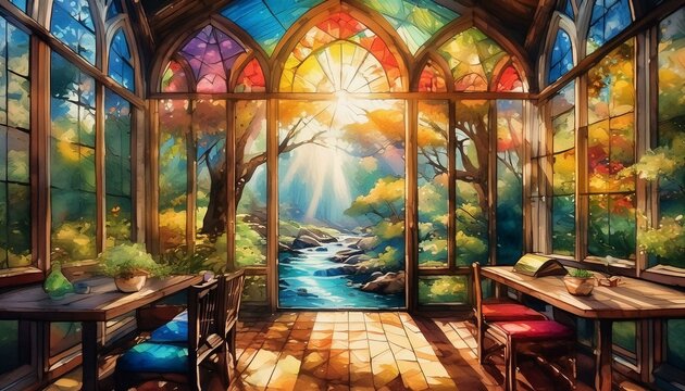 tranquil hideaway, with soft sunlight filtering through stained glass windows, casting watercolor effect serene landscape paintings lining walls. stream overlay animation 