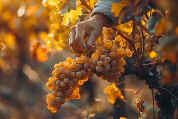 Harvesting golden grapes with sun backlight