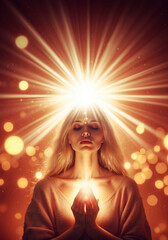 woman prayer with divine light above her and dreamy expression, very realistic illustration in digital art style