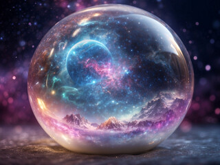 crystal ball with alien landscape with nebula and planet like universe fantasy background
