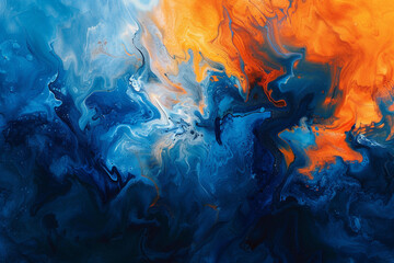 A bold background with an abstract expressionist painting in deep blues and vibrant oranges, capturing emotion and movement.