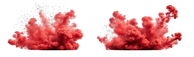 smoke of red powder on white background, Two vibrant red ink clouds billow and swirl against a white background.