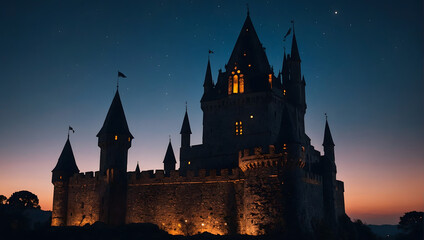 Mysterious silhouette of a towering dark castle against a twilight sky.