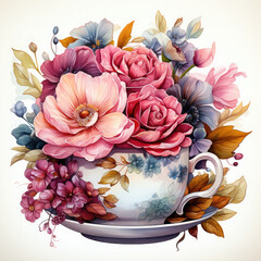 Watercolor Teacup Wall Illustration, Generative Ai