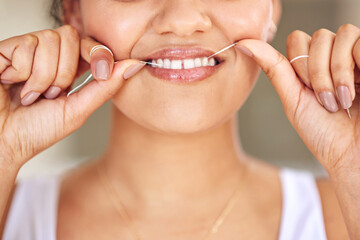 Happy, dental floss and mouth of woman with cleaning teeth for morning routine with health. Smile,...