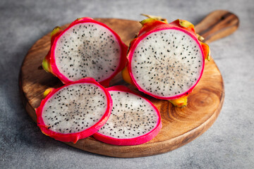 selective focus of exotic food "Dragon fruit". With cross-section cut.  