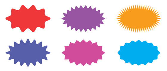 Oval and round shaped sunburst labels and badges.  sunburst price stickers.  colorful starburst, sunburst, stamp, seal, sticker. vector illustration.