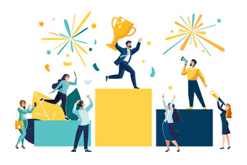 People stand on the podium first, second and third place. The best result is the winner, a prize. Sports, teamwork. Businessman with golden victory cup. Financial success, poster. Vector illustration