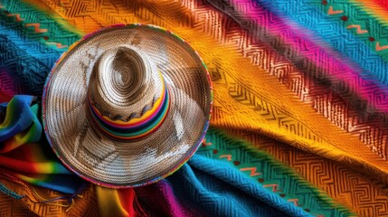 Mariachi hat on colorful serape. Mexican sombrero. Cinco de mayo background. - Powered by Adobe