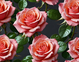 pattern with roses, pink blooming roses with lovely green leaves