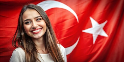 Naklejka premium On August 30, Victory Day in Turkey, Zafer Bayrami, a large portrait of a beautiful Turkish young smiling happy woman on the background of the Turkish flag. The concept is a public holiday, a vacation
