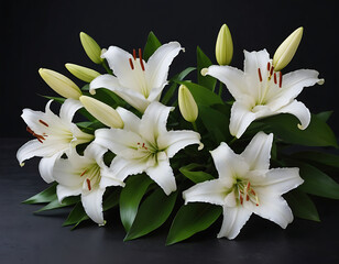 Fototapeta premium Beautiful lily on dark background with space for text. Funeral flower