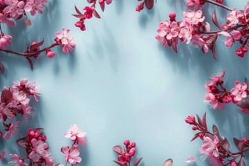 pink cherry blossoms on a light blue background with copy space in the center. mockup, valentines day, mothers Day, women's Day concept, flat lay, top view, copy space