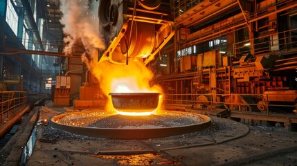 Light from high temperature Iron molten metal pouring in green sand mold Foundry process to manufacture cast product for automotive and electrical industrial engineering metallurgy background