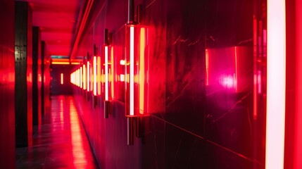 Row of red neon lights attached to wall in modern nightclub
