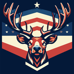 a front facing deer head with american flag color illustration for t-shirt design, dark background,
