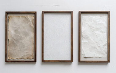 3d Realistic three picture frames in wooden on white background, space for text, front view mockup