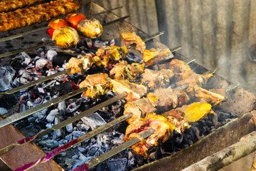 A lot of kebab skewers on the grill, on the coals close-up in the smoke