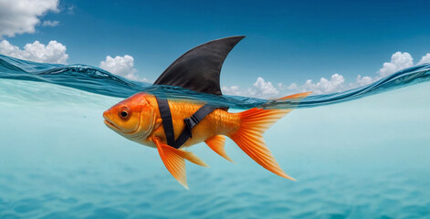 An orange golden fish with a black shark fin on its back swims in blue water