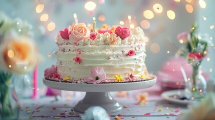 Ethereal White Cake Adorned With Delicate Pink Flowers