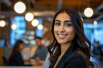 Obraz premium a confident businesswoman with a warm smile, set in a modern office environment during the evening.