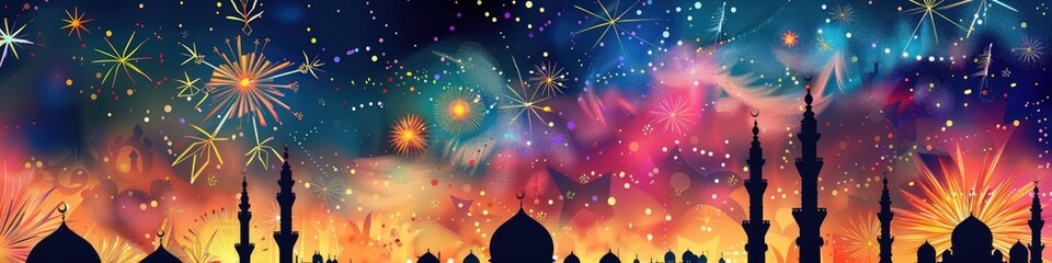 city skyline with minarets and domes outlined against a sky filled with fireworks , symbolizing the celebration of the Islamic New Year