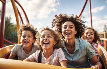 A family of four or mother with son and daughters are riding a roller coaster and laughing