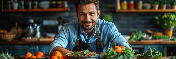 Naklejka premium A cheerful Caucasian man in an apron stands in the kitchen, preparing a fresh and healthy meal.