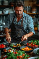 handsome Caucasian chef prepares a fresh, healthy meal with organic vegetables.......