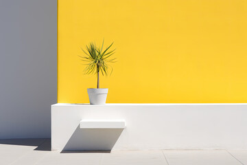 Minimalist plant background Bright green branch is lying on a yellow background Flat lay Modern minimalistic mockup with empty space