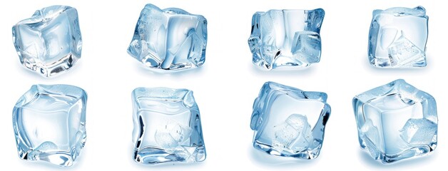 A collection of ice cubes isolated on a white background. Various transparent frozen blocks.
