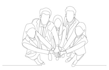 Continuous one line drawing of business people joining hands before starting project or group work, business teamwork, cooperation concept, single line art.