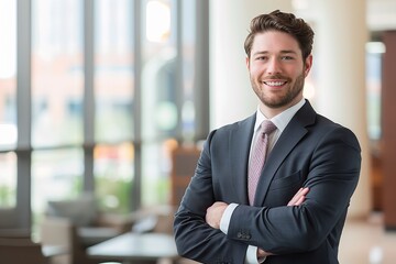 Confident businessman in a tailored suit standing in a modern office environment