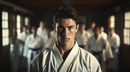 generated Illustration of portrait of a master of karate and student in thre gym club