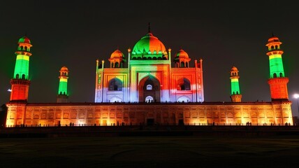 Famous Indian monuments like Qutub Minar or Red Fort beautifully illuminated in the tricolor lights, showcasing the pride and historical significance of Independence Day