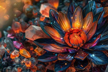  illustration of a fractal flower with crystals of different colors - Powered by Adobe