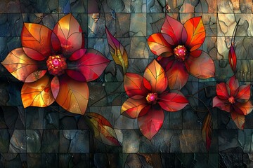 Illustration in stained glass style with abstract flowers,   generated graphics