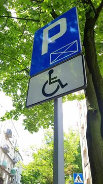 Parking only for disabled drivers. Road sign against background of tree. Concept of Accessible Parking and locations. Adapted spaces for people with disabilities. Inclusion. Vertical video.