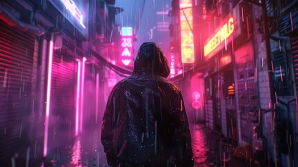 Fototapeta premium Illustrate a cybernetically enhanced survivor navigating a dark, neon-lit alley filled with futuristic nanotech dangers Show detailed depictions of nano-augmented body modifications glinting under omi