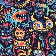 Vivid Fantastical Creatures A Repeat Pattern of Whimsical Beings Inspired by Folk Art