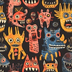 Vibrant Repeating Pattern of Expressive and Diverse Monstrous Beings in a Block Print Style for Childrens Room Decor