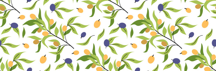 Olive branches seamless pattern. White background with floral illustration. Spring and summer season background. For wallpaper or fabric, packaging, brand. Vector flat illustration.