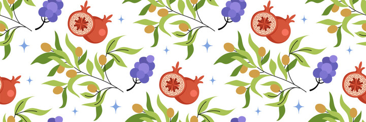 Olive branch, pomegranate and bunch of grapes seamless pattern. Background with fruits and berries. For wallpaper or fabric, packaging, brand, kitchen interior, menu design. Vector flat illustration.