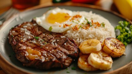 The cuisine of Bolivia. Lomo mentado is a steak with rice, egg and fried bananas. 