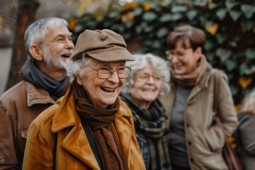 Group of senior friends spending time together in the park. Elderly people having fun outdoors.