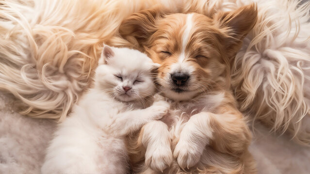 Pure Harmony: A Tender Moment Between Friends, Dog and White Cat, Sleeping together.
