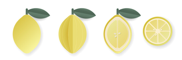Set of 3d papercut lemon sliced cutout citrus fruit. Summer layered fruits. Juicy food elements for restaurant, food, drinks, bars, recipes, summer, sweets, vegan, social media, presentation design.