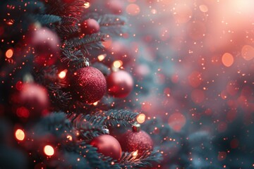 Christmas tree with red baubles on blurred bokeh background - obrazy, fototapety, plakaty